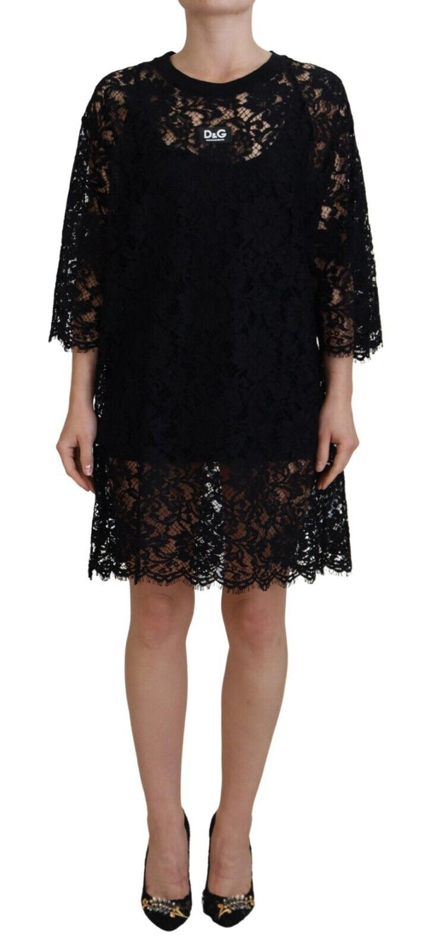 Elegant Black Floral Lace Shift Dress Dolce & Gabbana