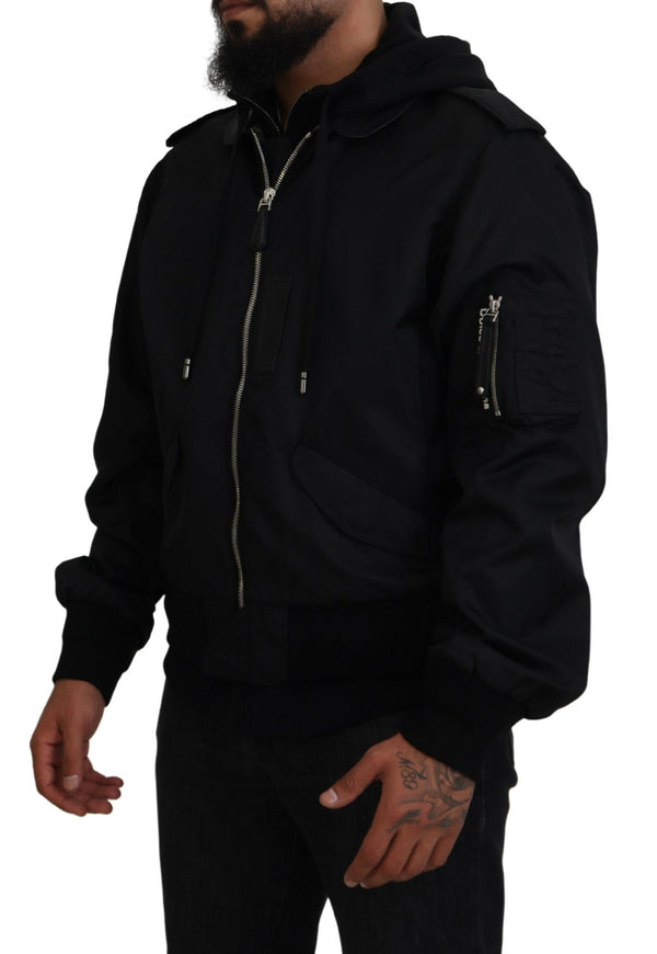 Sleek Black Hooded Bomber Jacket Dolce & Gabbana