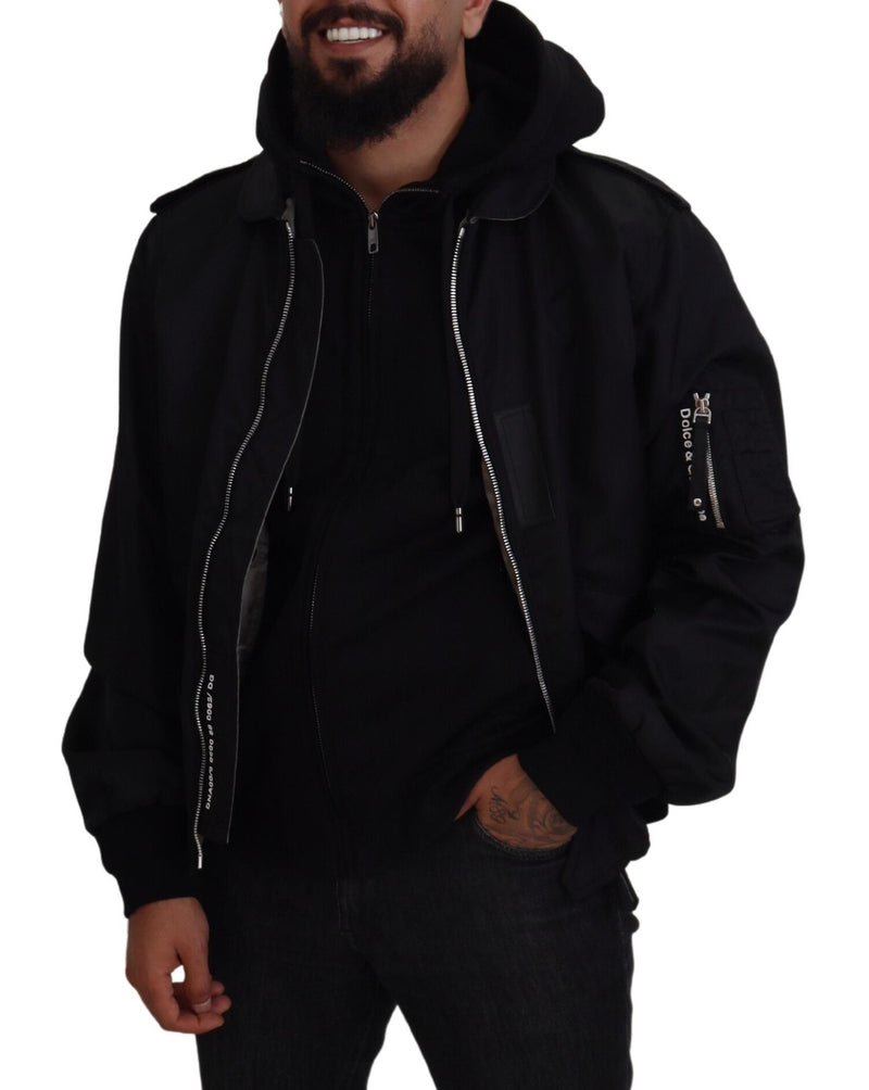 Sleek Black Hooded Bomber Jacket Dolce & Gabbana