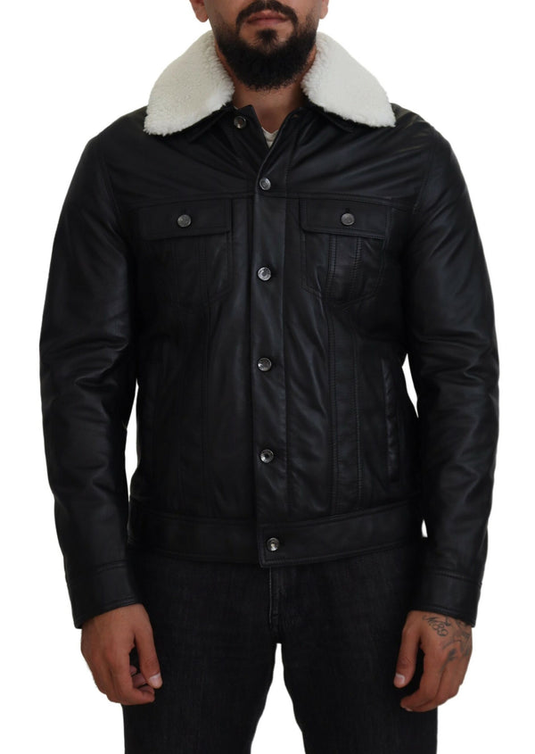 Elegant Black Leather Bomber Jacket Dolce & Gabbana