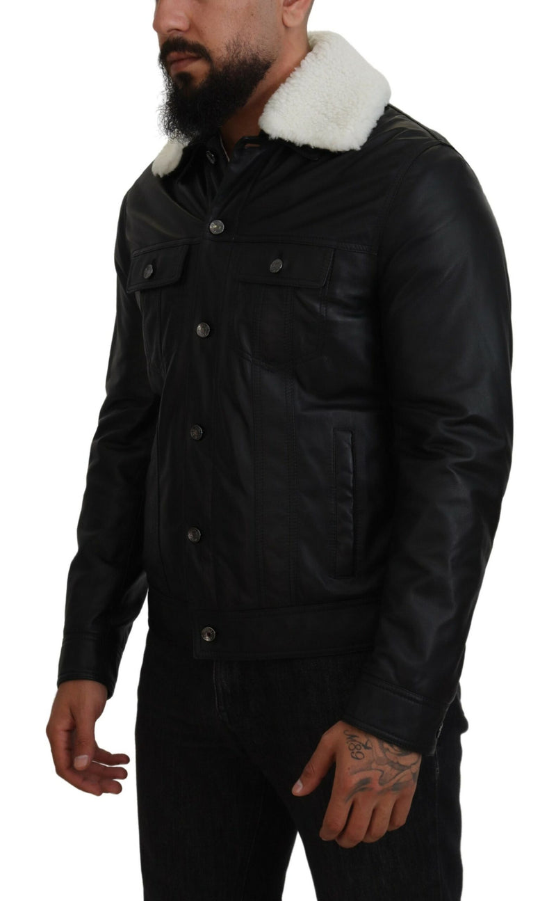 Elegant Black Leather Bomber Jacket Dolce & Gabbana