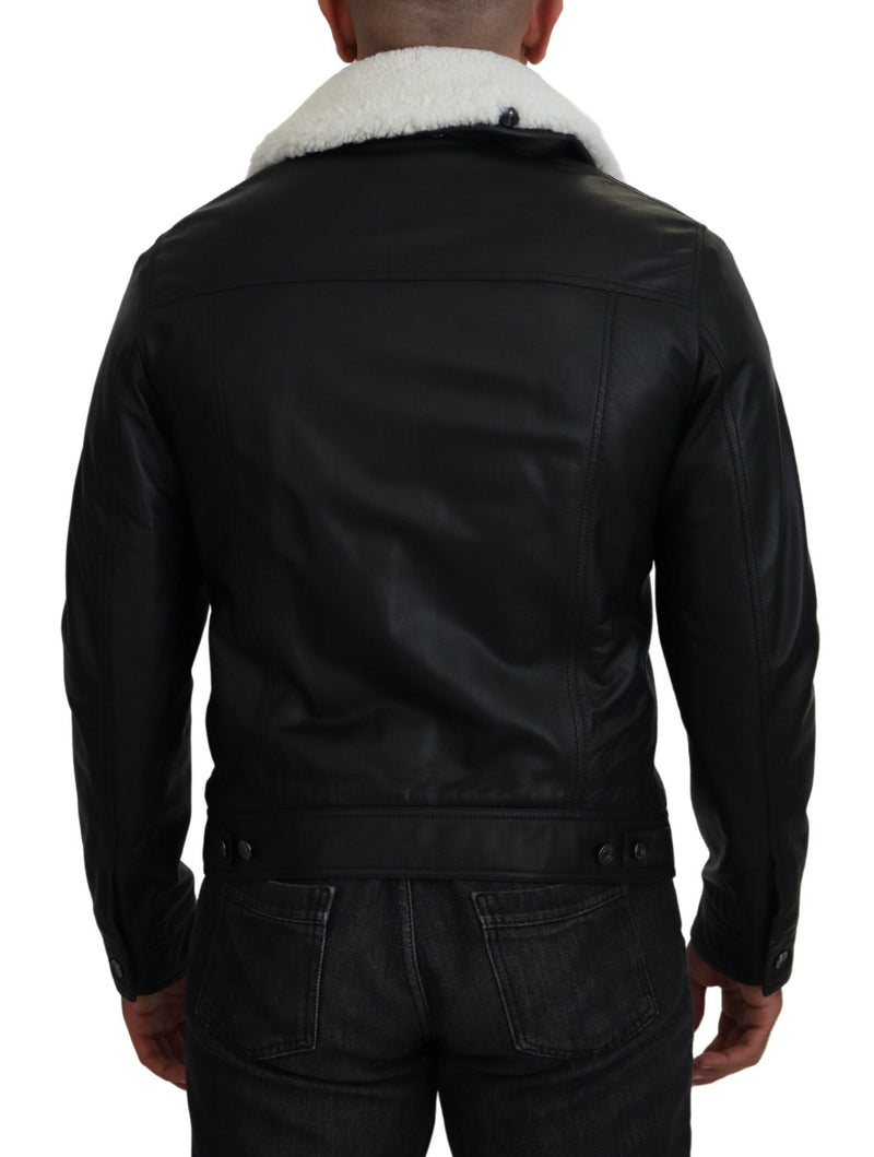 Elegant Black Leather Bomber Jacket Dolce & Gabbana