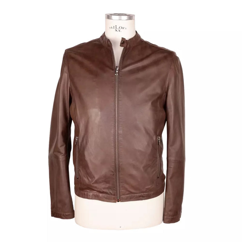 Elegant Brown Leather Jacket with Snap Collar Emilio Romanelli