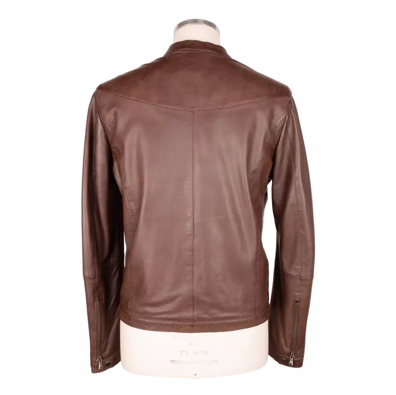 Elegant Brown Leather Jacket with Snap Collar Emilio Romanelli