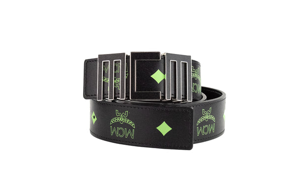 Claus Mens Summer Green Smooth Visetos Logo Leather Numeric Buckle Belt MCM