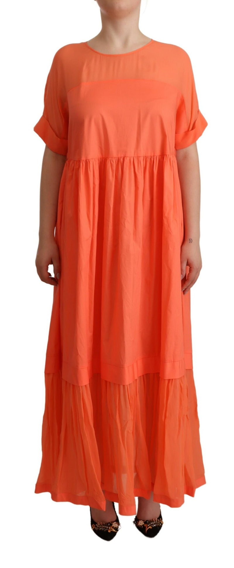 Elegant Coral Maxi Dress with Short Sleeves Twinset