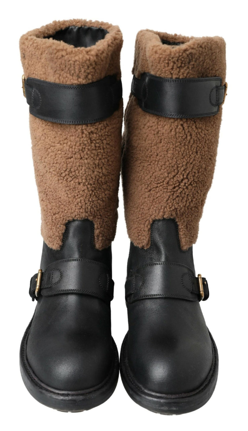 Black Shearling Leather Long Boots Dolce & Gabbana