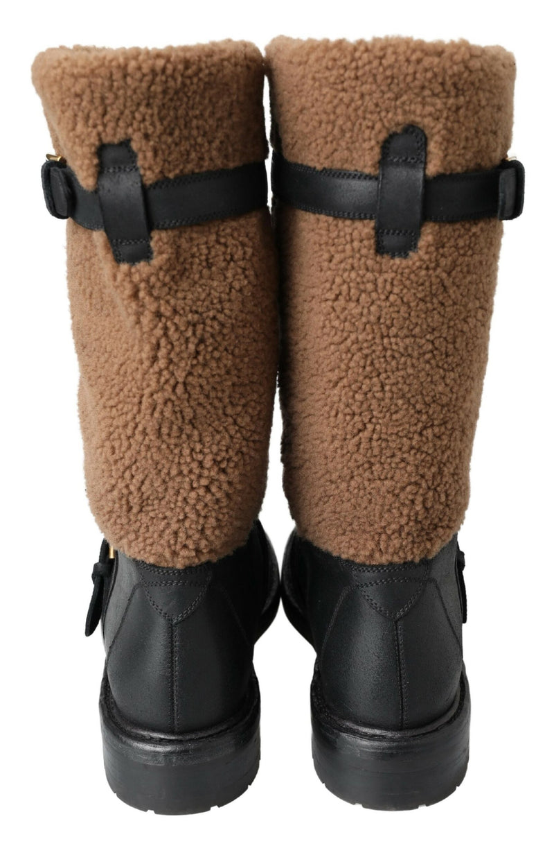 Black Shearling Leather Long Boots Dolce & Gabbana