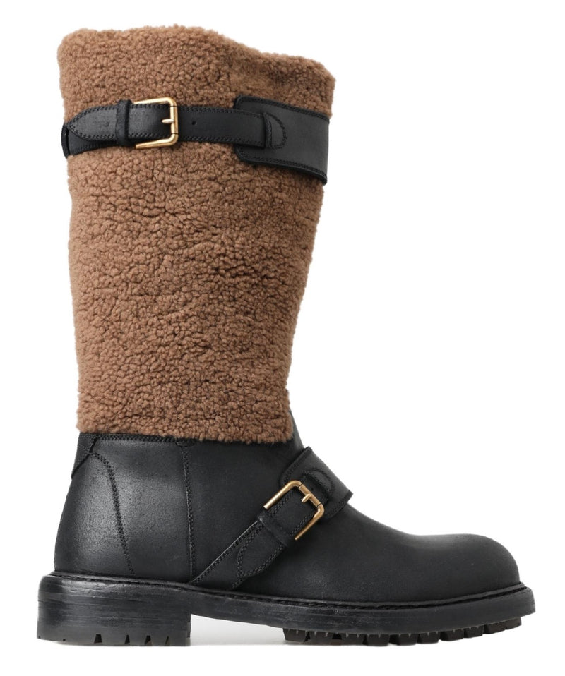 Black Shearling Leather Long Boots Dolce & Gabbana