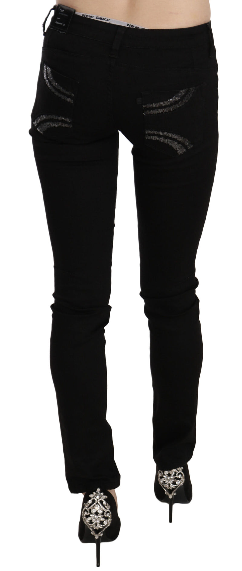 Elegant Black Mid Waist Slim Fit Jeans Costume National