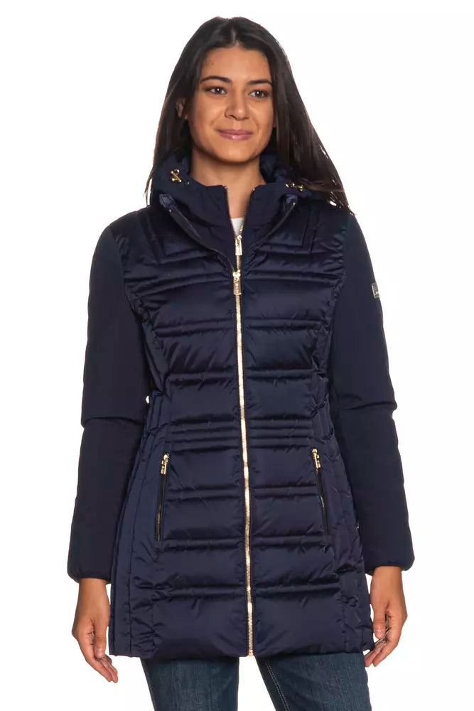 Chic Blue Technical Fabric Jacket with Hood Yes Zee