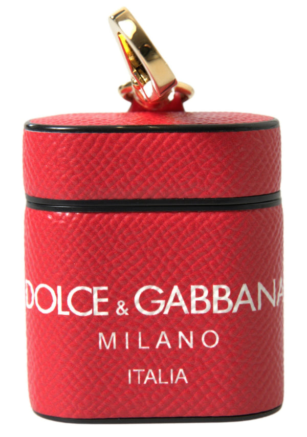 Red Leather Gold Tone Metal Logo Print Airpods Case Dolce & Gabbana