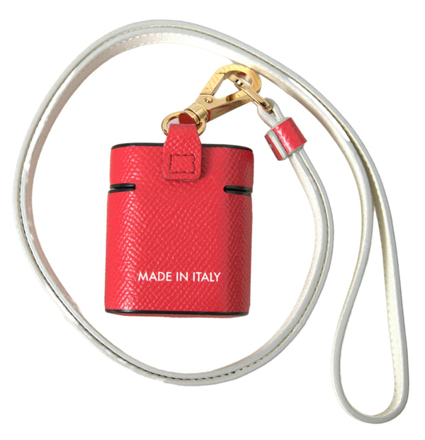 Red Leather Gold Tone Metal Logo Print Strap Airpods Case Dolce & Gabbana