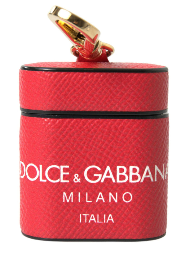 Red Leather Gold Tone Metal Logo Print Strap Airpods Case Dolce & Gabbana