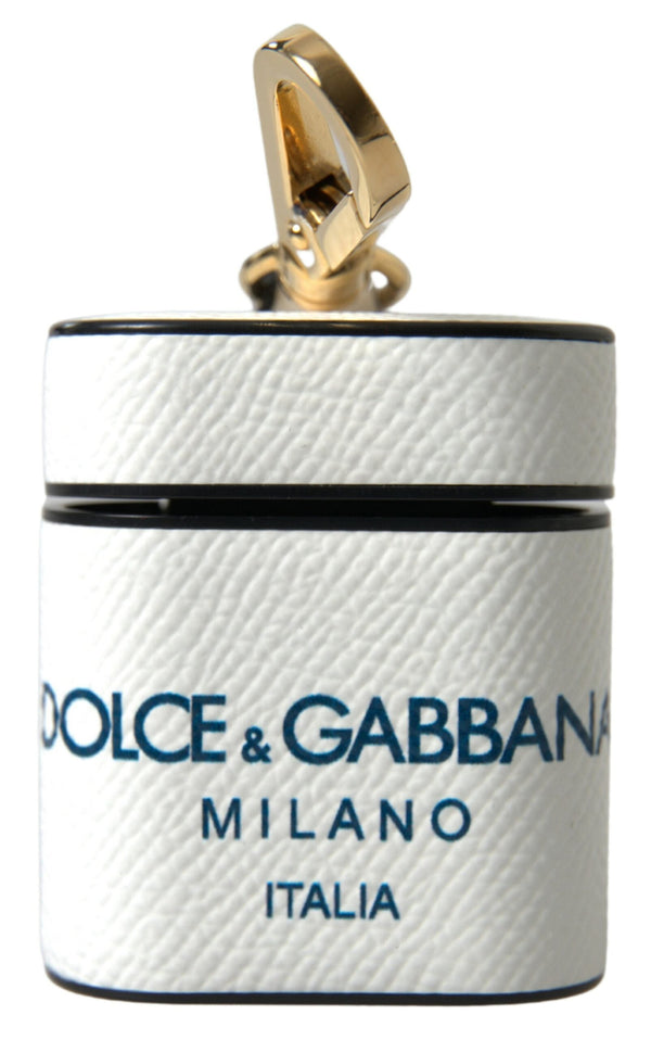 White Blue Calf Leather Logo Print Strap Airpods Case Dolce & Gabbana