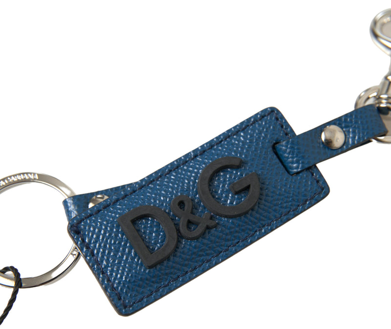 Elegant Blue Leather Keychain with Silver Accents Dolce & Gabbana