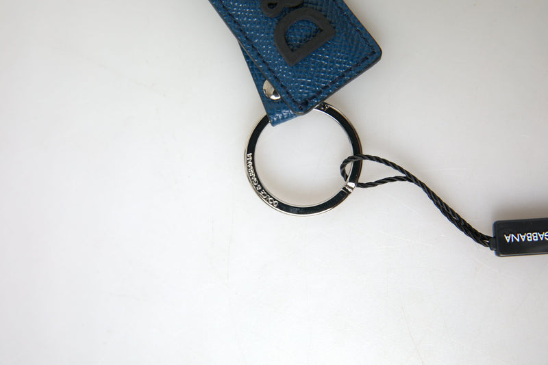 Elegant Blue Leather Keychain with Silver Accents Dolce & Gabbana