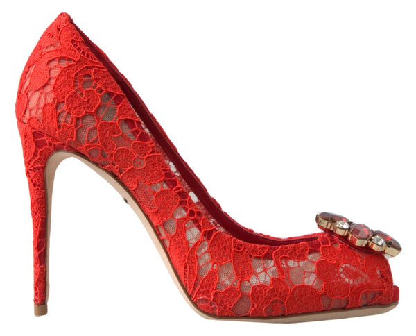 Chic Red Lace Heels with Crystal Embellishment Dolce & Gabbana