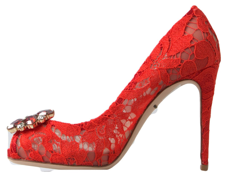 Chic Red Lace Heels with Crystal Embellishment Dolce & Gabbana