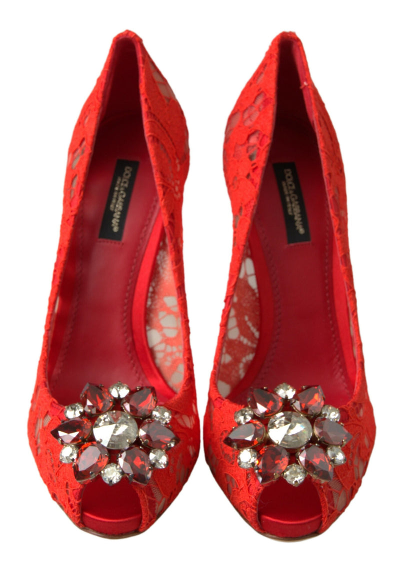 Chic Red Lace Heels with Crystal Embellishment Dolce & Gabbana