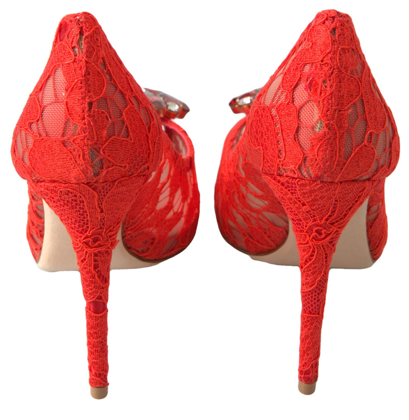 Chic Red Lace Heels with Crystal Embellishment Dolce & Gabbana