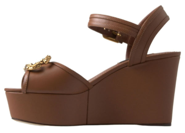 Chic Brown Leather Ankle Strap Wedges Dolce & Gabbana