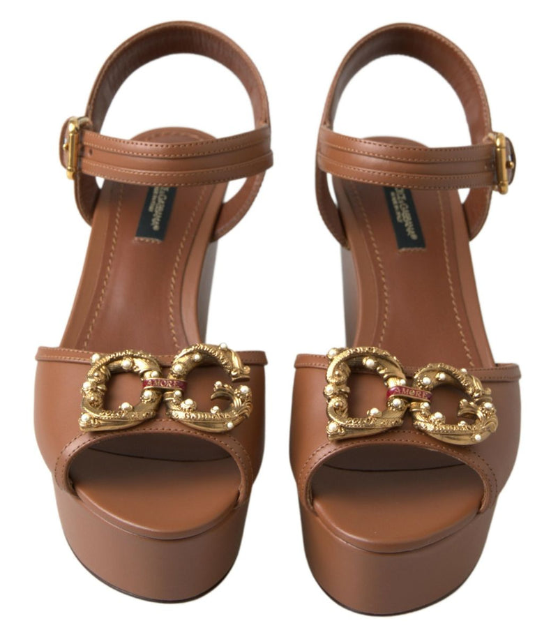 Chic Brown Leather Ankle Strap Wedges Dolce & Gabbana