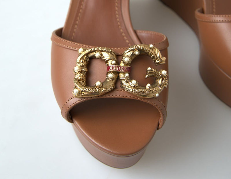 Chic Brown Leather Ankle Strap Wedges Dolce & Gabbana