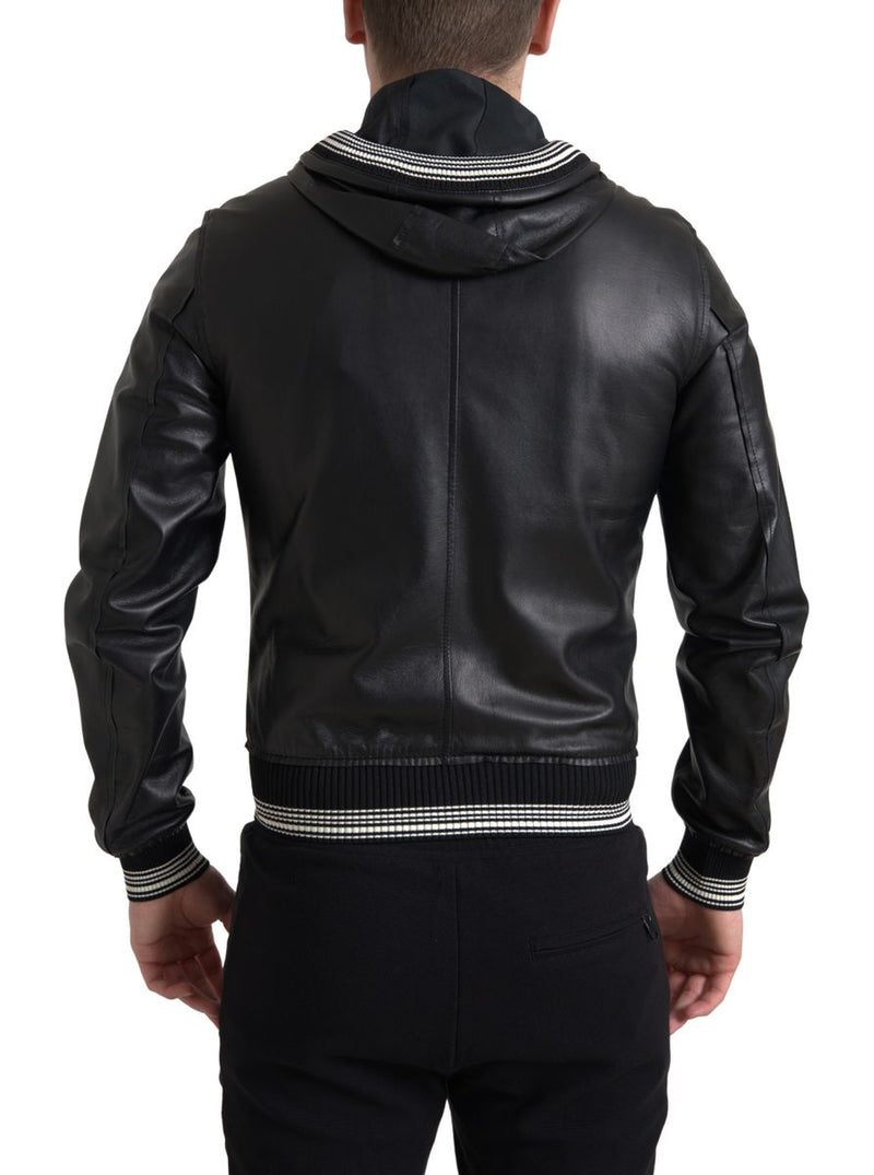 Elegant Black Leather Bomber Jacket Dolce & Gabbana