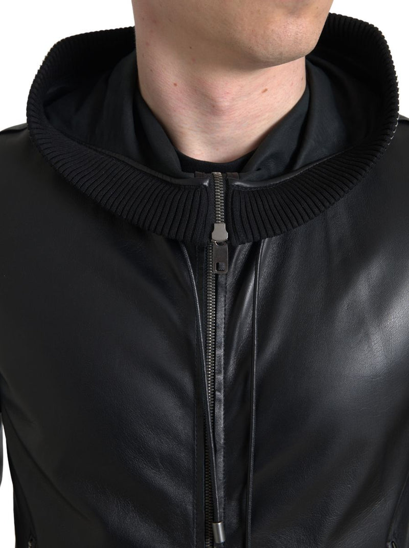 Elegant Black Leather Bomber Jacket Dolce & Gabbana