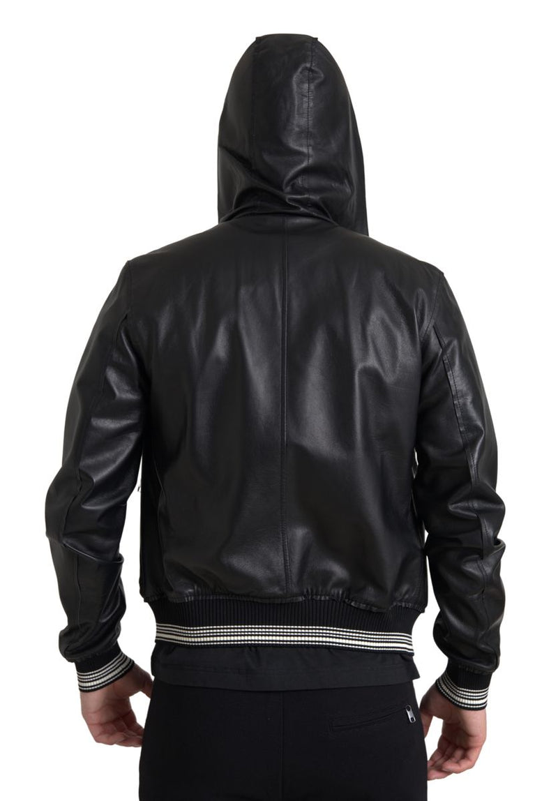 Elegant Black Leather Bomber Jacket Dolce & Gabbana