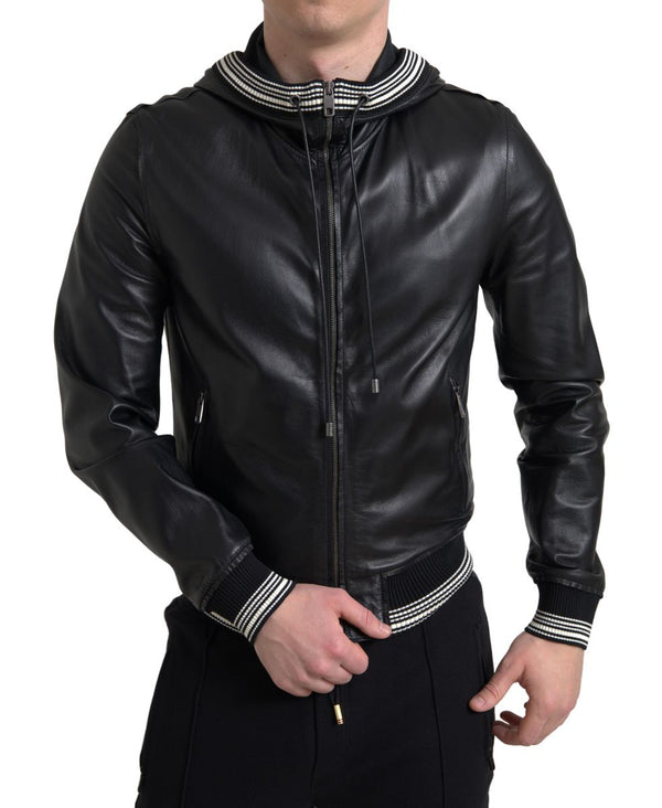 Elegant Black Leather Bomber Jacket Dolce & Gabbana