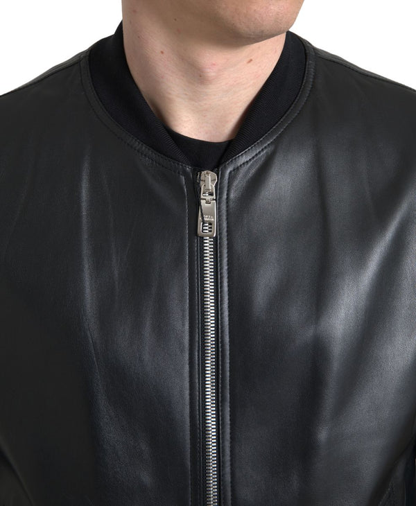 Elegant Black Leather Bomber Jacket Dolce & Gabbana