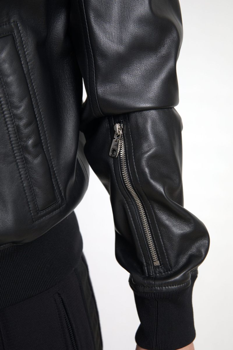 Elegant Black Leather Bomber Jacket Dolce & Gabbana