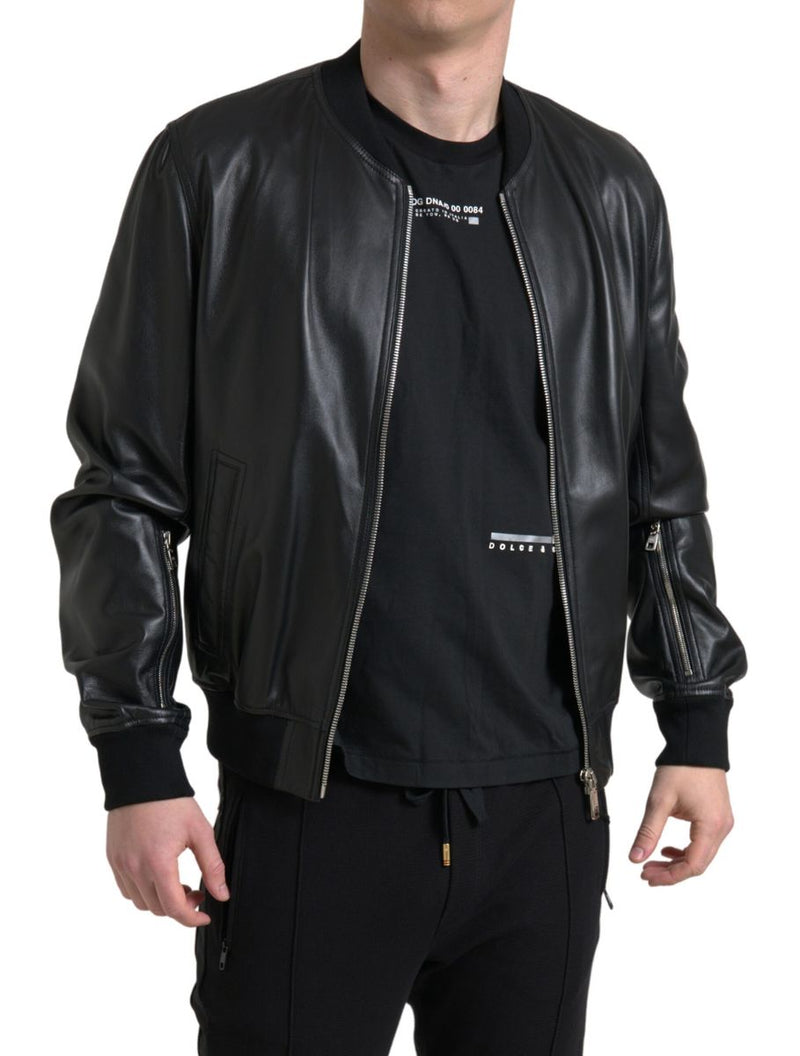 Elegant Black Leather Bomber Jacket Dolce & Gabbana