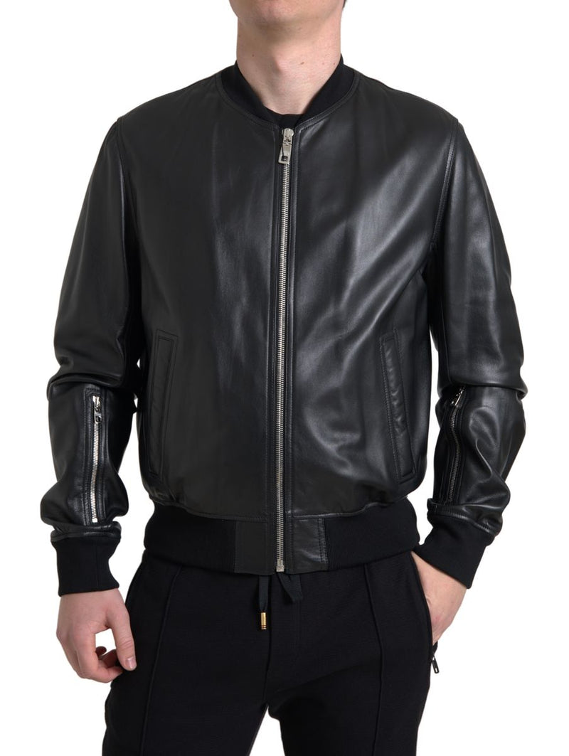 Elegant Black Leather Bomber Jacket Dolce & Gabbana