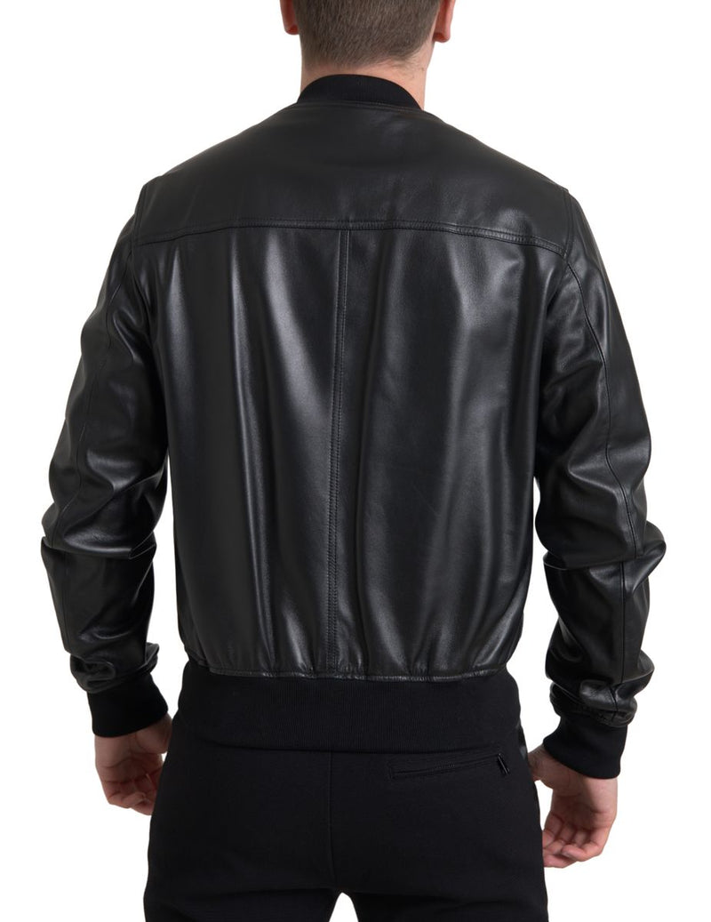 Elegant Black Leather Bomber Jacket Dolce & Gabbana