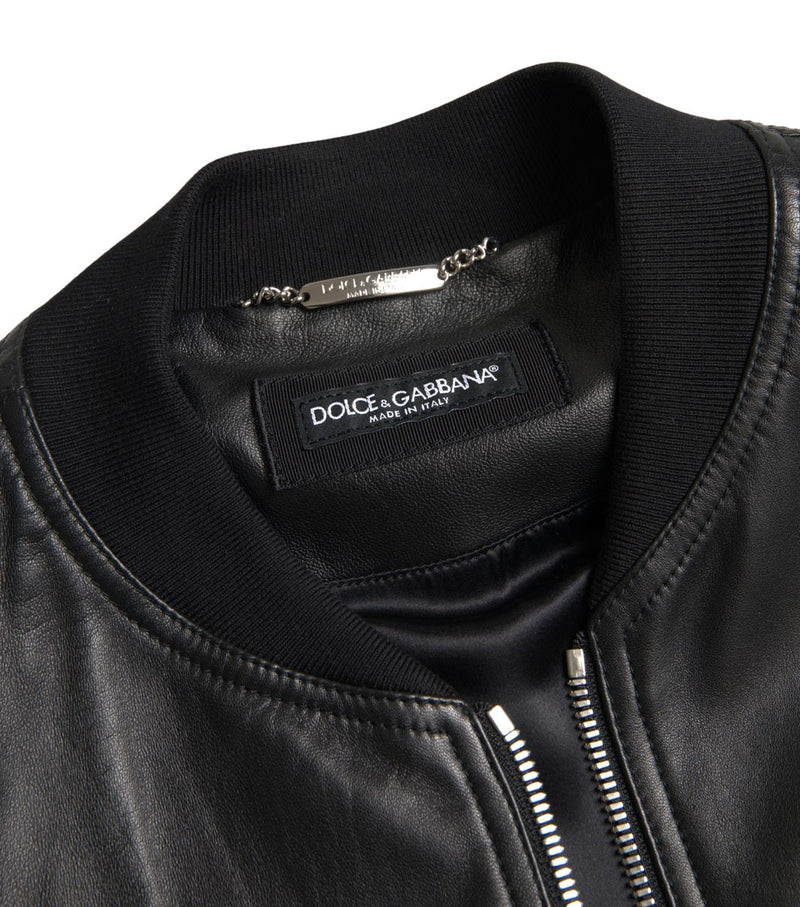 Elegant Black Leather Bomber Jacket Dolce & Gabbana