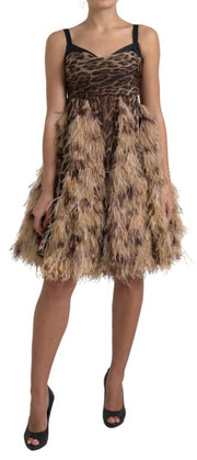 Sleeveless Leopard Chiffon Ostrich-Feather Dress Dolce & Gabbana