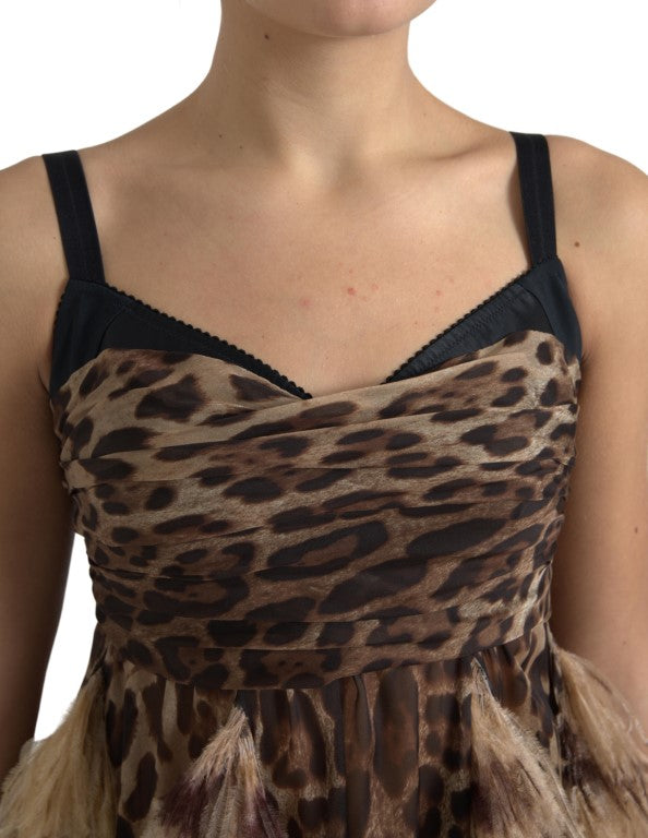 Sleeveless Leopard Chiffon Ostrich-Feather Dress Dolce & Gabbana