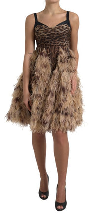 Sleeveless Leopard Chiffon Ostrich-Feather Dress Dolce & Gabbana