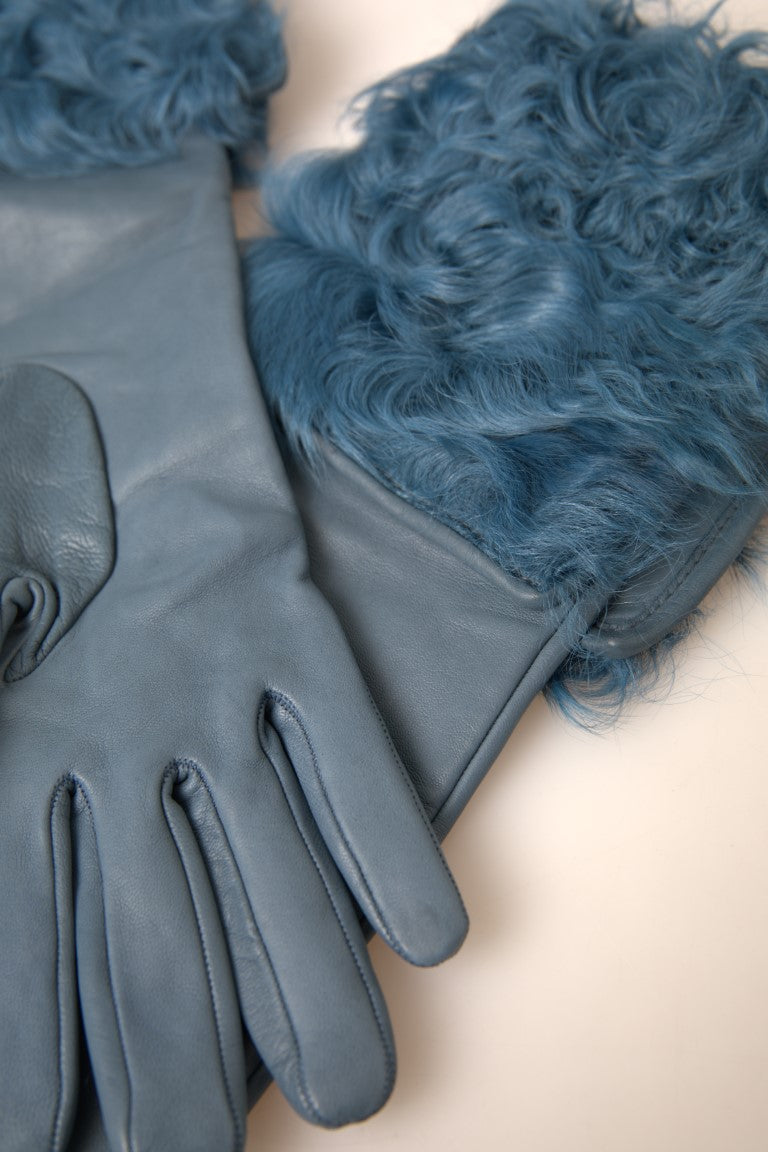 Elegant Blue Leather Gloves with Fur Trim Dolce & Gabbana