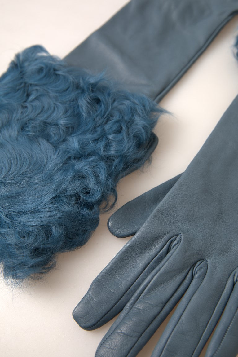 Elegant Blue Leather Gloves with Fur Trim Dolce & Gabbana