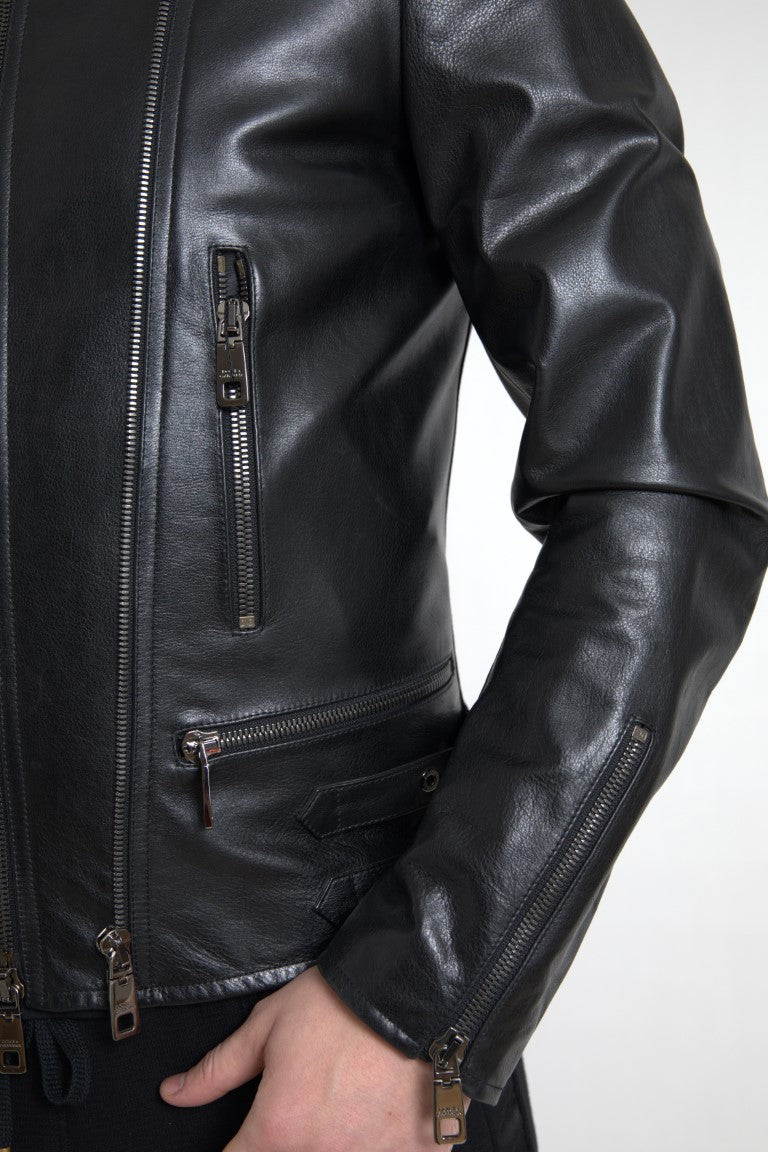 Sleek Black Leather Biker Jacket Dolce & Gabbana