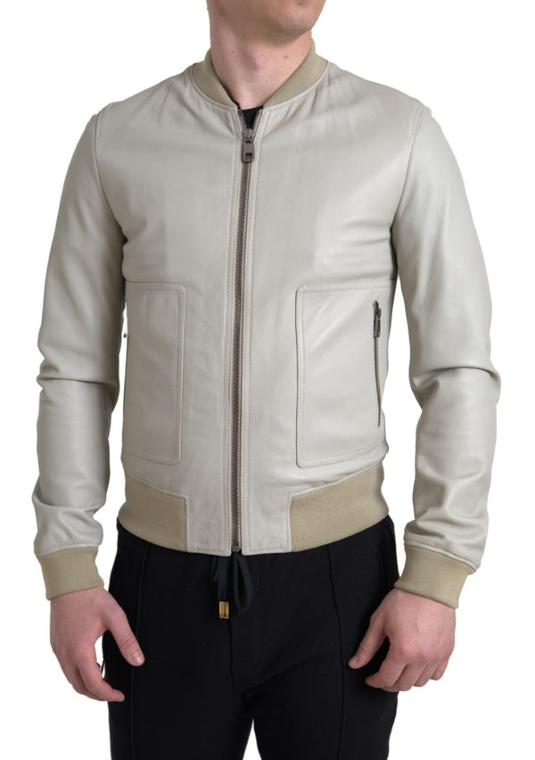 Cream Leather Bomber Jacket Dolce & Gabbana