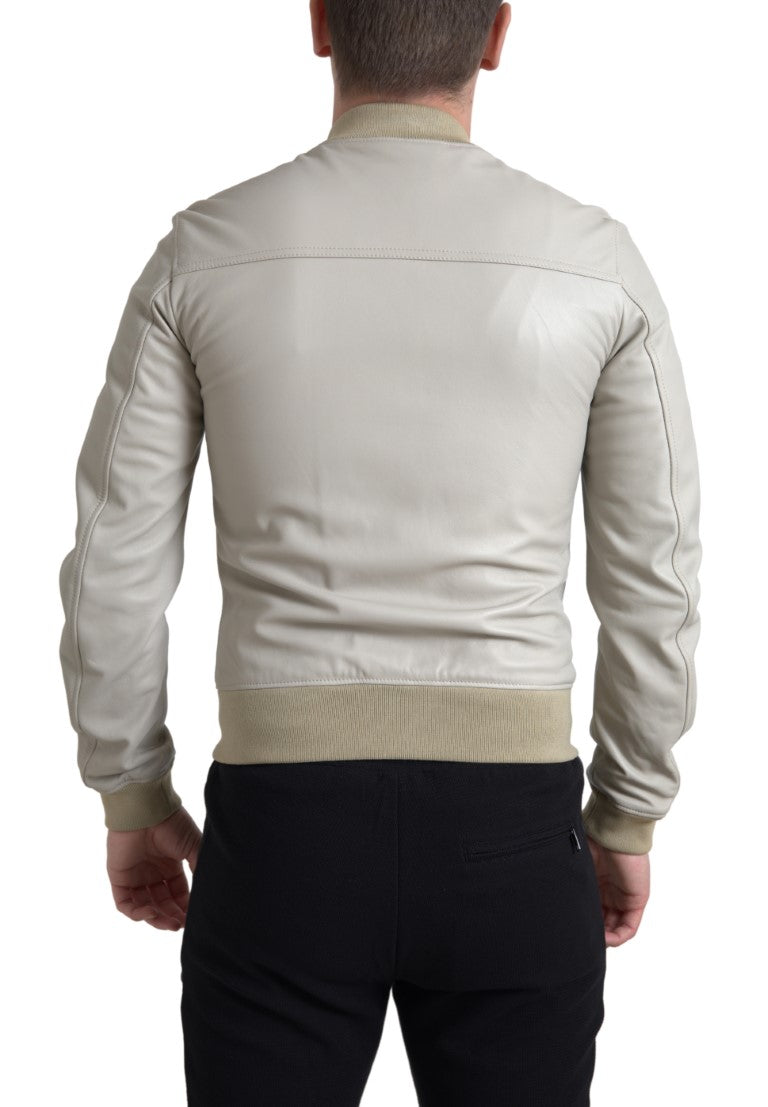 Cream Leather Bomber Jacket Dolce & Gabbana