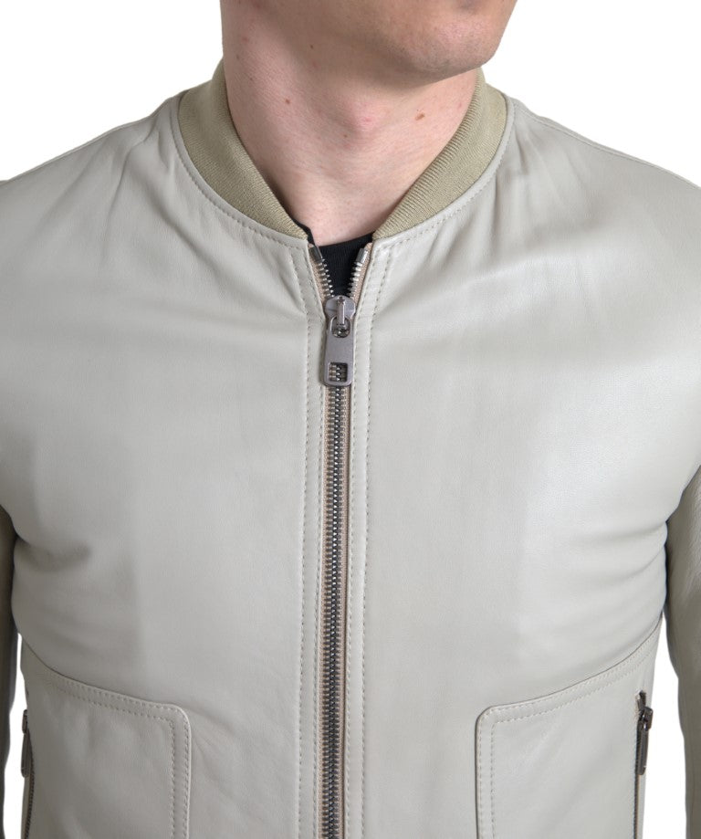 Cream Leather Bomber Jacket Dolce & Gabbana