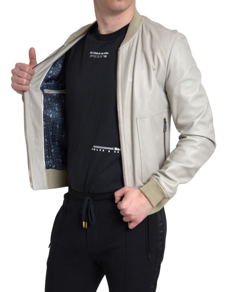 Cream Leather Bomber Jacket Dolce & Gabbana