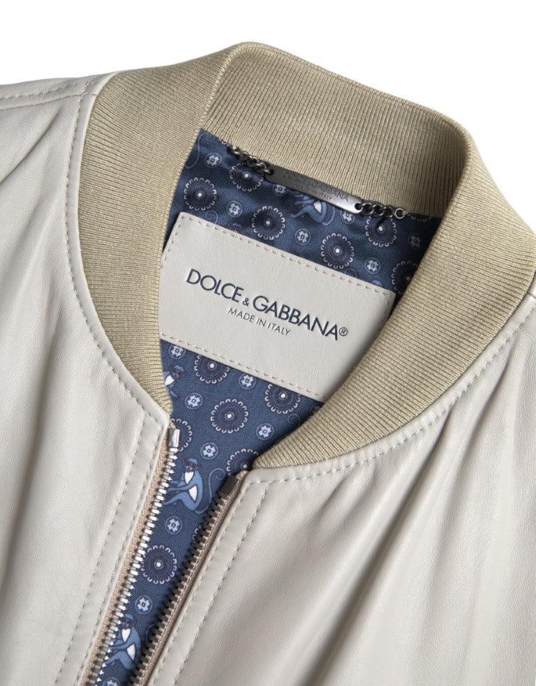 Cream Leather Bomber Jacket Dolce & Gabbana