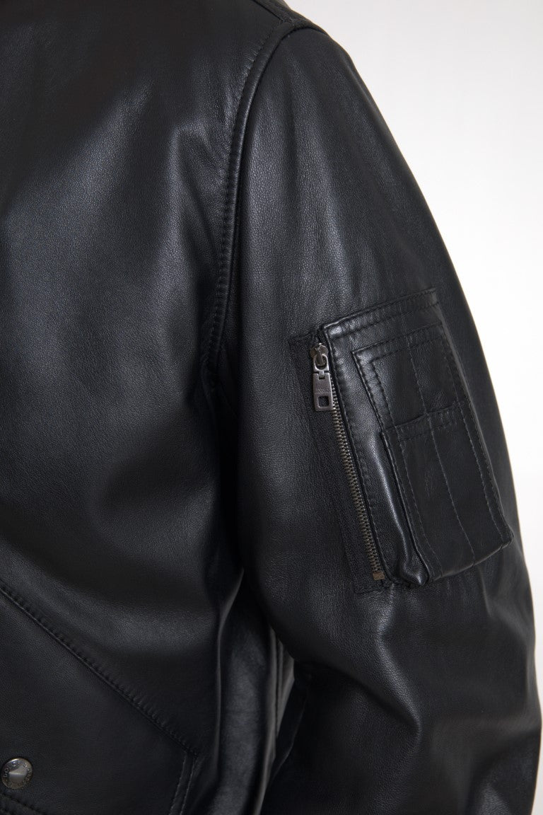 Elegant Black Leather Bomber Jacket Dolce & Gabbana